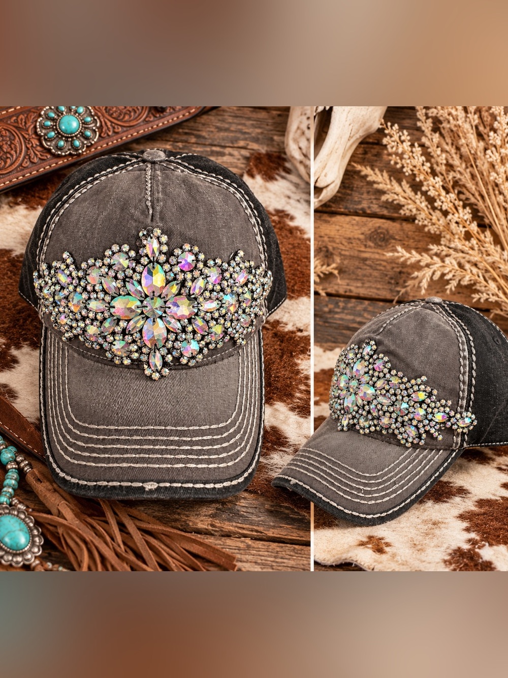 Black gray raw stitched trucker ab crystal rhinestone cowboy rodeo western hat
